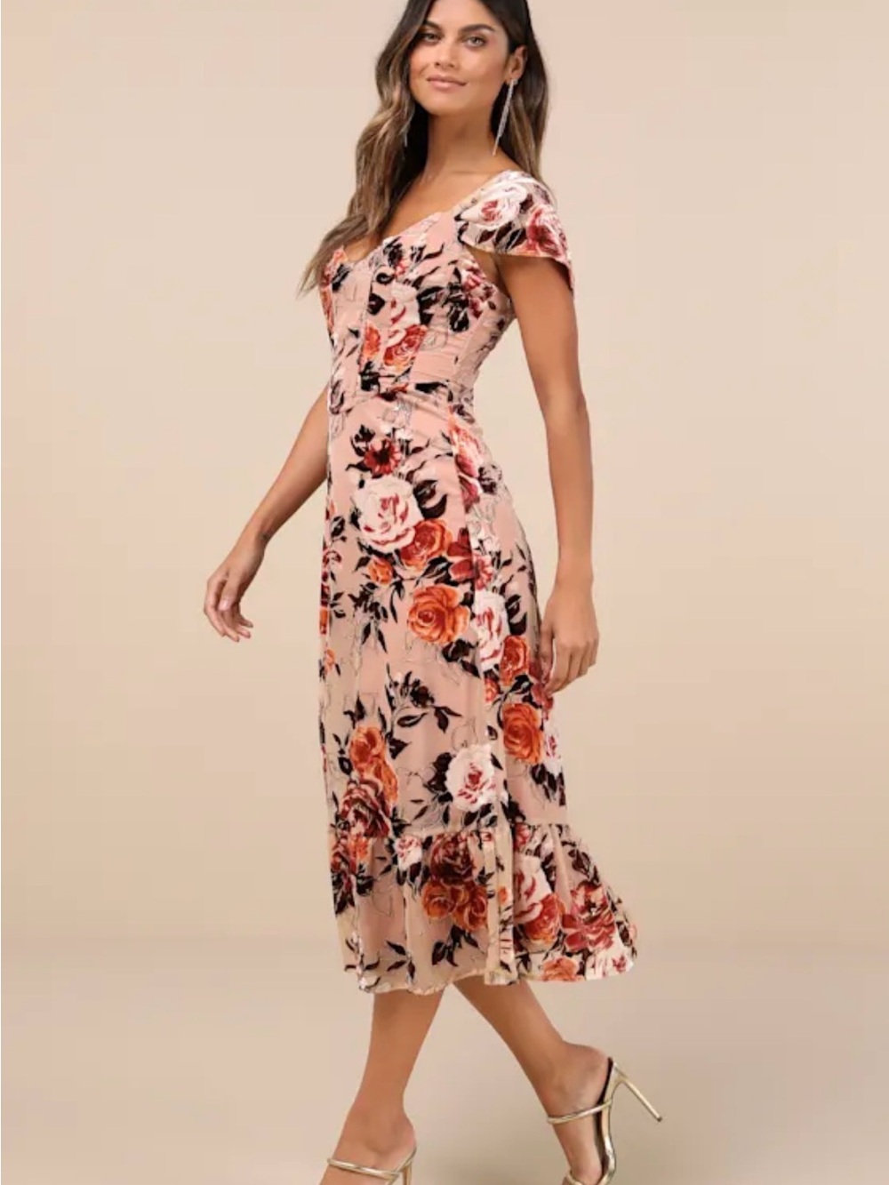 Lulu's Pink Floral Midi Dress with Rust Rose Print